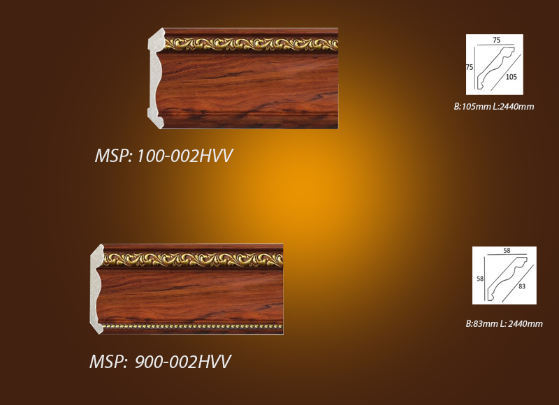 Mẫu phào chỉ vân gỗ màu cánh gián hoa văn vàng  100-002HVV vs 900-002HVV