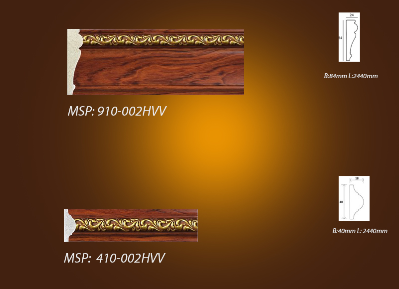 Mẫu phào chỉ vân gỗ màu cánh gián hoa văn vàng  410-002HVV vs 910-002HVV