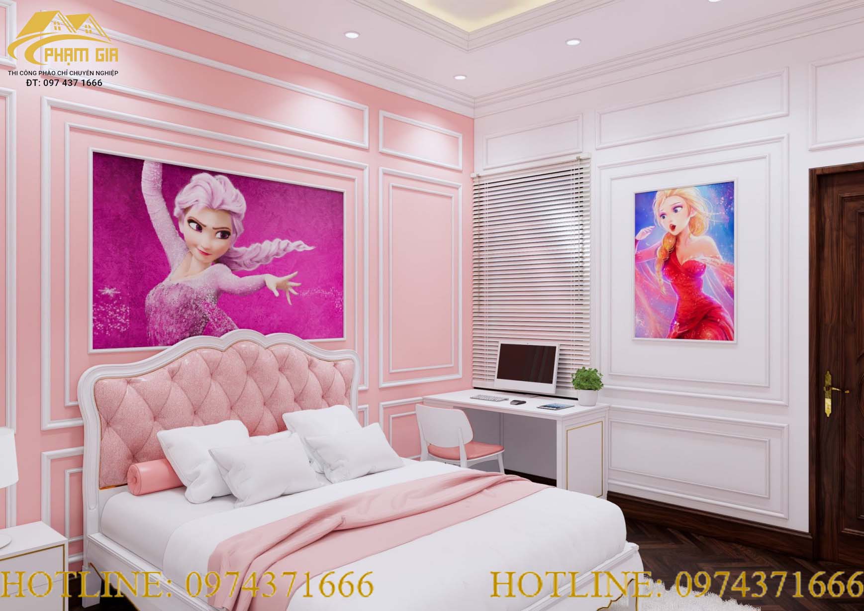 Thi công phào chỉ phòng ngủ màu hồng cho bé gái CT-2047