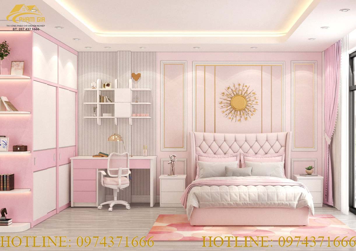 Thi công phào chỉ phòng ngủ màu hồng dễ thương tại Hà Nội CT-2203