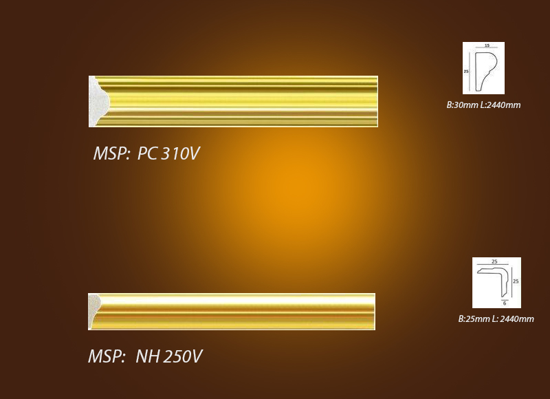 Mẫu phào trần, phào chỉ - chỉ khung màu vàng kim PC-310v vs  NH-250V