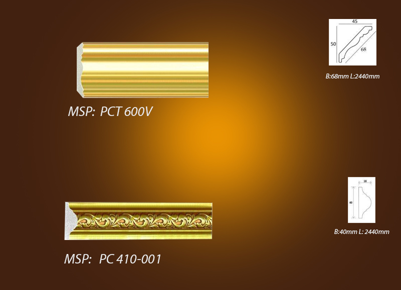 Mẫu phào trần, phào chỉ - chỉ khung màu vàng kim PCT-600v vs  pc-410-001
