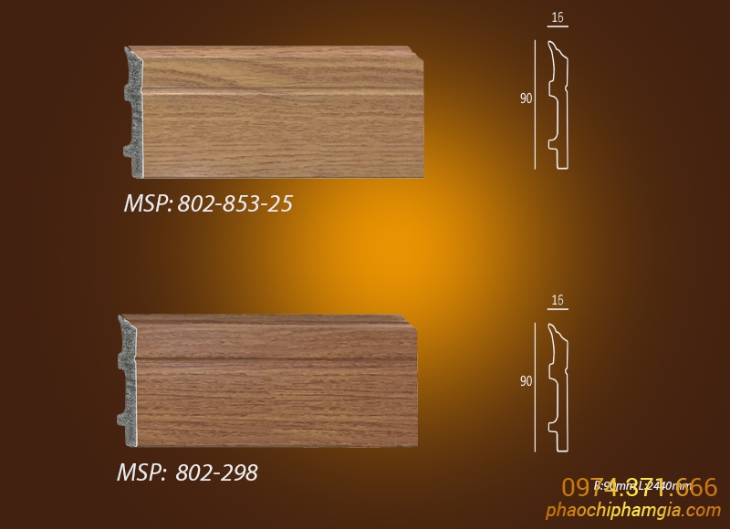 Mẫu phào chỉ PS len chân tường vân gỗ 802-853-25 vs 802-298