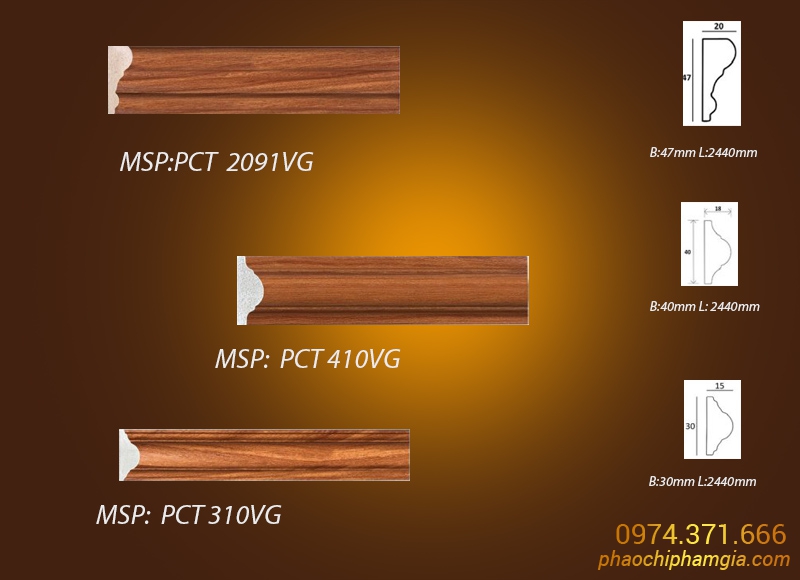 Mẫu phào chỉ vân gỗ màu Óc Chó PCT 2091VG vs PCT 310VG vs  PCT 410VG