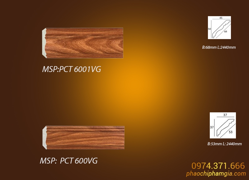 Mẫu phào chỉ vân gỗ màu Óc Chó PCT 6001VG vs PCT 600VG