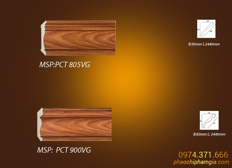 Mẫu phào chỉ vân gỗ màu Óc Chó PCT 805VG vs PCT 900VG