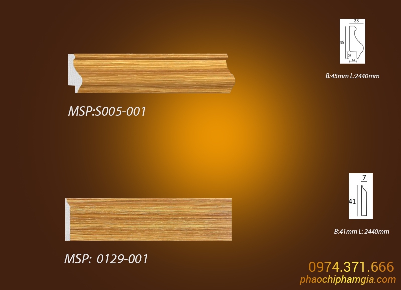 Mẫu phào chỉ PS màu vân gỗ S005-001 vs 0129-001