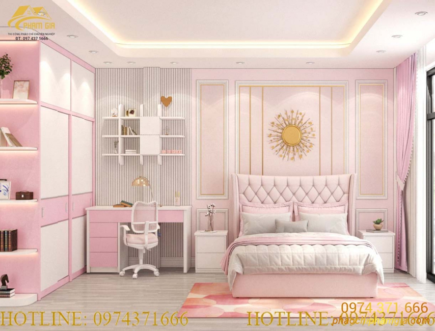 Thi công phào chỉ phòng ngủ màu hồng dễ thương tại Hà Nội CT-2203